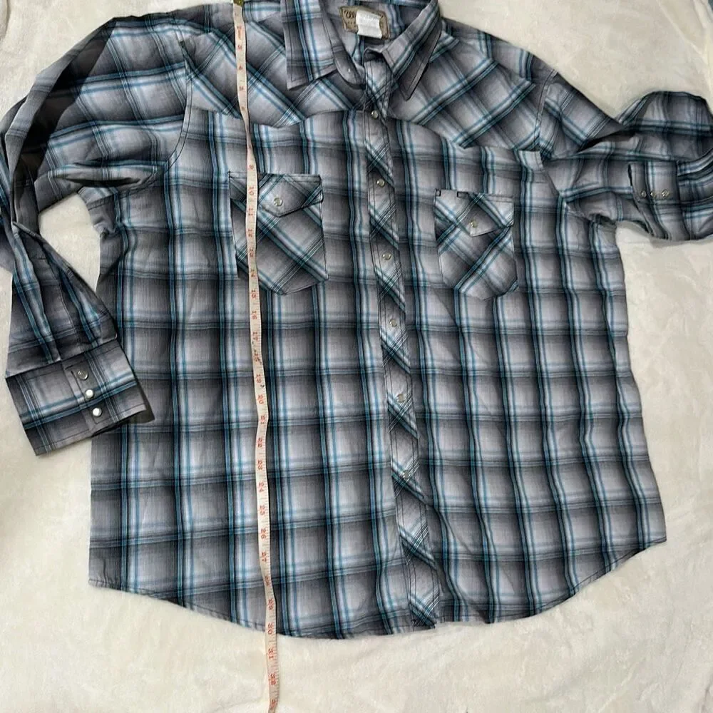 Wrangler 2XL black gray turquoise plaid pearl snap western shirt